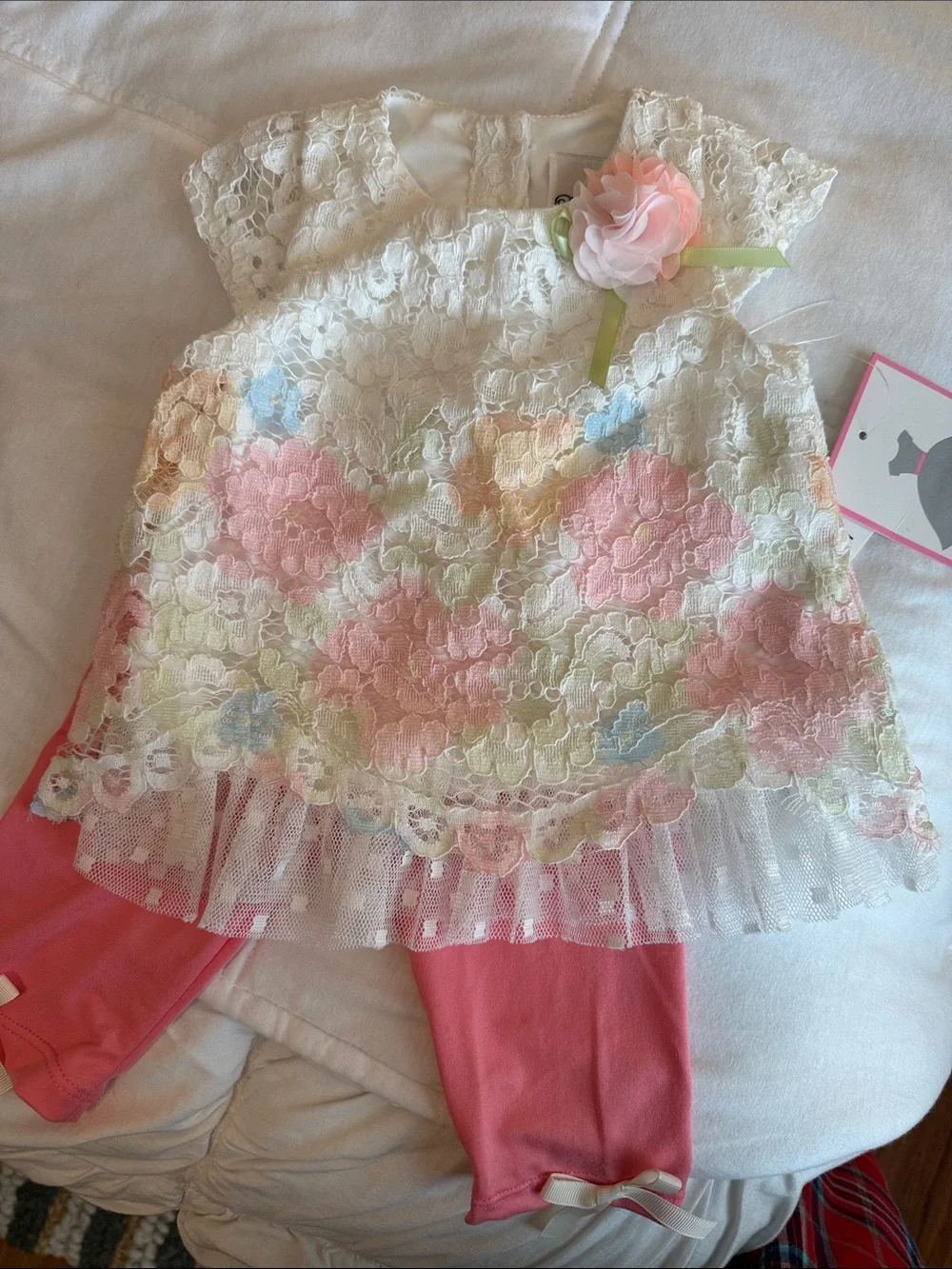 Baby Girls Pink Capri Leggings with White Floral Lace Top